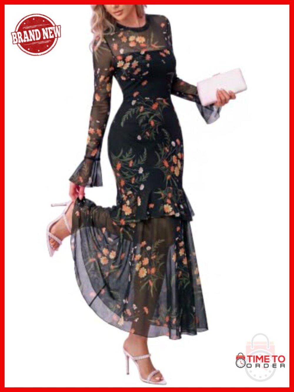 Womens Long Sleeve Floral Maxi Dress Crew Neck Tiered Semi Formal